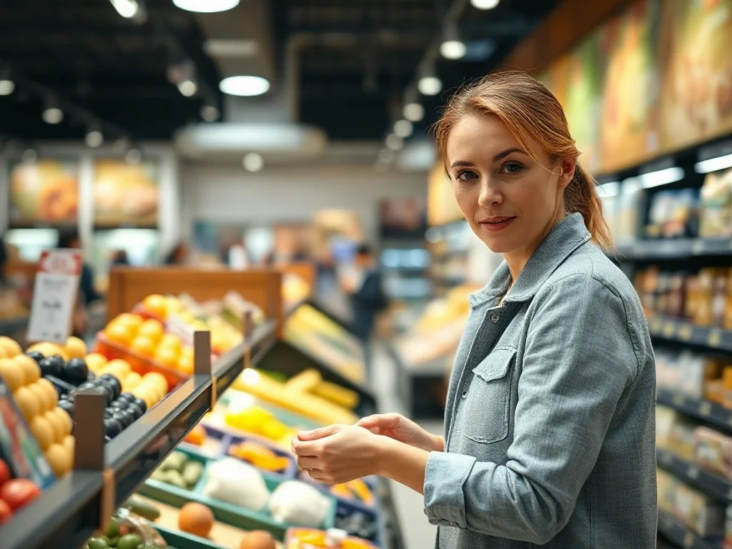 Klientka wybiera świeże produkty na półce w nowoczesnym sklepie detalicznym, co podkreśla codzienną obsługę konsumentów.