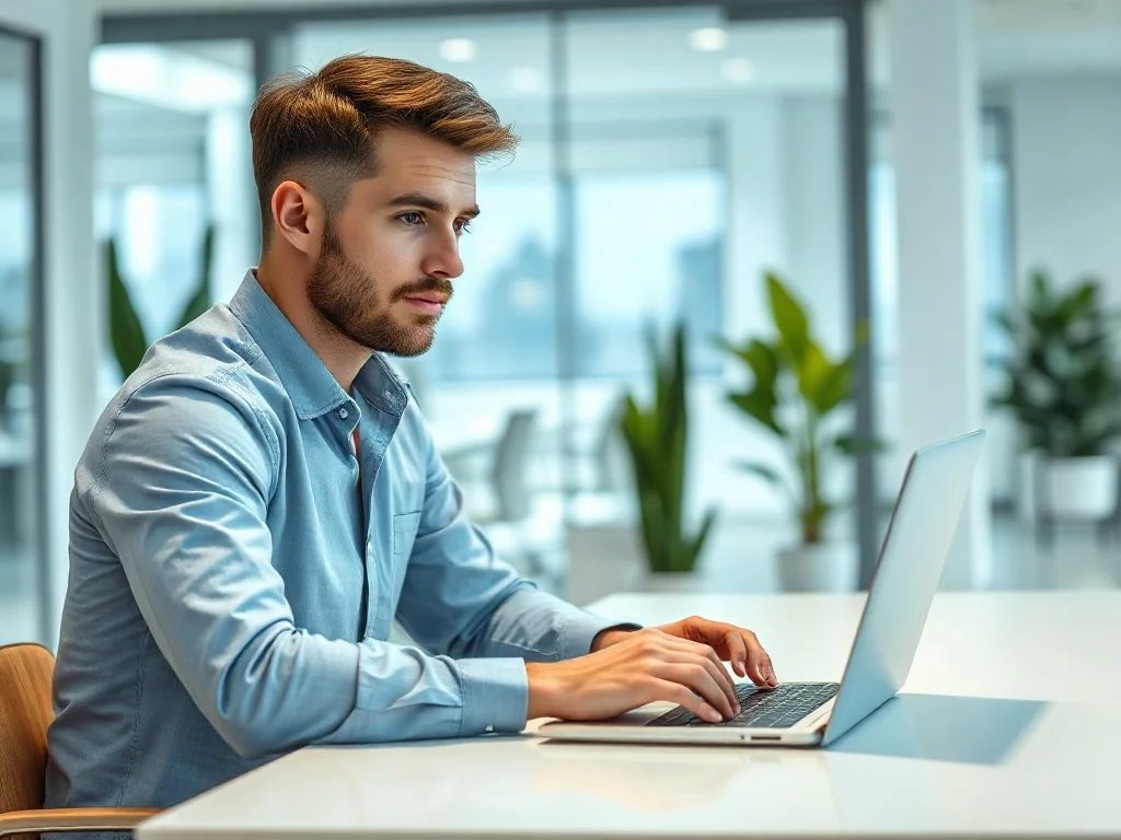 Mężczyzna pracujący przy laptopie w nowoczesnym, minimalistycznym biurze, symbolizujący pracę nad własnym startupem.