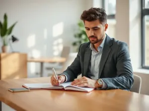 Pewny siebie przedsiębiorca w nowoczesnym biurze analizuje dokumenty, co symbolizuje profesjonalizm i sukces w biznesie.