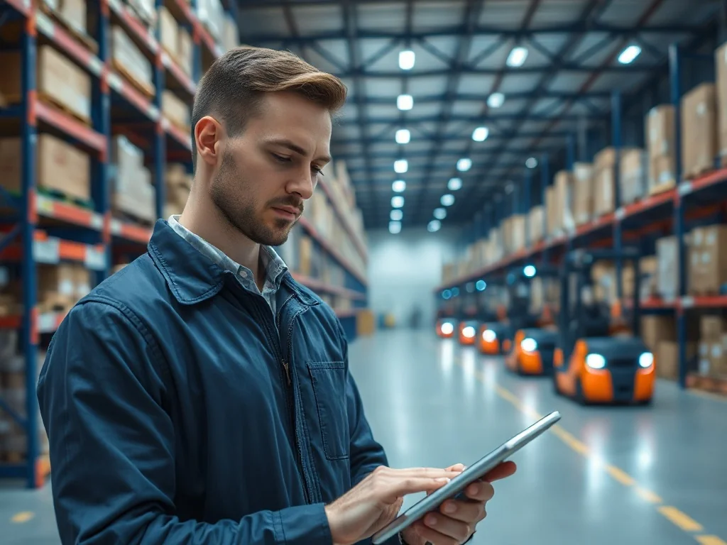 Pracownik magazynu zarządza zapasami na tablecie w nowoczesnym centrum logistycznym z automatycznymi wózkami widłowymi.